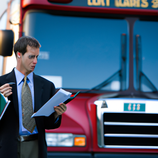 עורך דין לומד חוקי תחבורה מקומיים עם אוטובוס ברקע, מוכיח את מומחיותם המקומית