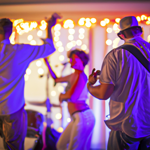 1. תמונה תוססת של להקה חיה בהופעה בקבלת פנים לחתונה, כשהאורחים רוקדים ונהנים מהמוזיקה.